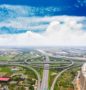 Interchange Prints: Transport junction traffic road with vehicle movement aerial view by drone