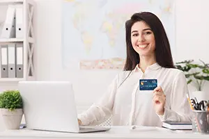 Business Card Prints: Travel agency. Woman showing credit card, looking at camera