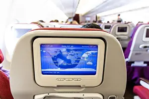 Information Board Prints: Travel aviation information displayed on LCD screen in aircraft cabin