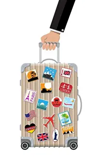 Suitcase Prints: Travel bag in hand. Plastic case with stickers