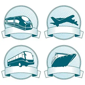 Cruise Ship Prints: Travel by bus, train, plane and cruise ship, label - vector illustration