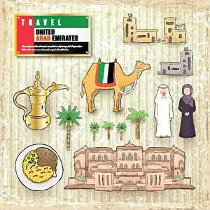Abaya Prints: travel concept of United Arab Emirates in hand drawn style