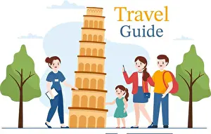 Travel Guide Prints: Travel Guide and Tour with Showing Interesting Places to Kids or Tourist for Planning Vacation in Flat Cartoon Hand