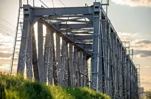 Travel landscape. Two railway bridges at dawn. Drone view