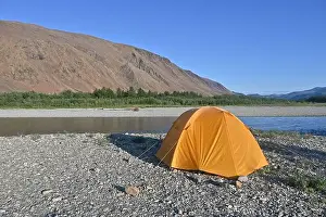 Russian Federation Prints: Travel to the Polar Urals. Orange tent against the backdrop of Mount Rai-Iz