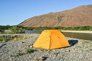Russian Federation Prints: Travel to the Polar Urals. Orange tent against the backdrop of Mount Rai-Iz