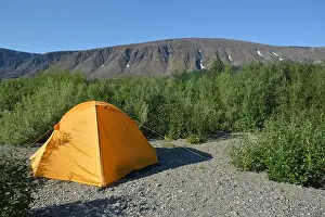 Russian Federation Prints: Travel to the Polar Urals. Orange tent against the backdrop of Mount Rai-Iz