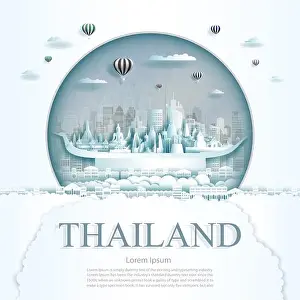 Origami Prints: Travel Thailand monument with ancient and city modern building in circle background