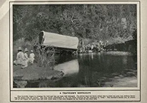 Cape Prints: A Traveler's Difficulty an Ox Wagon is fording a river Black