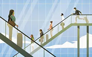 Medium Group Of People Prints: Travelers in face masks on escalators in airport