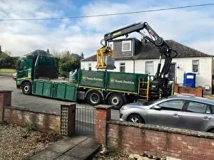 Home Delivery Prints: Travis Perkins flat bed truck with construction work delivery of a pallet of bricks