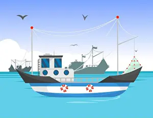Steamboat Prints: Trawler sailing in daylight cartoon illustration