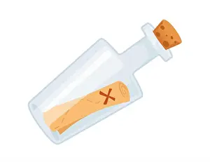 Directions Prints: Treasure map sealed inside transparent glass bottle vector illustration isolated on white background