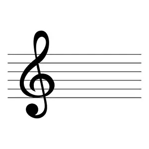 Tune Prints: Treble clef on sheet of paper. Music treble clef icon
