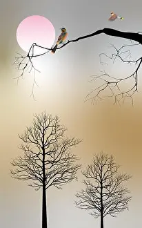 Full Moon Prints: Tree and Tree branch with moon see bird