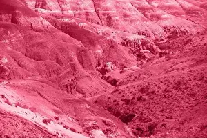 Altay Prints: Trendy Color of the year 2023: Viva Magenta toned aerial drone view of eroded landform of Altai mountains