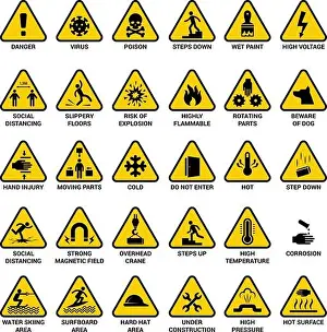 Flammable Prints: Triangle warning sign. Danger symbols safety emergency electrical hazard vector collection
