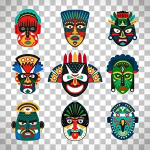 Tribal indian or african colorful masks set isolated on transparent background. Vector illustration