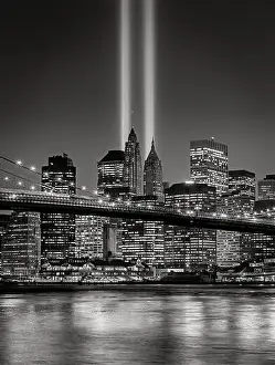 Nightfall Prints: The Tribute in Light, in Lower Manhattan with illuminated skyscrapers of the Financial District