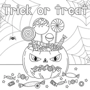 Trick or Treat coloring page. Halloween coloring page for kids. Cartoon children in Halloween costumes. Cute spider. vector illustration