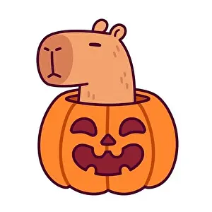 Jack O Lantern Prints: Trick or Treat. Cute cartoon Capybara with Halloween pumpkin
