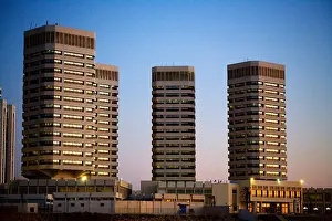 Libya Prints: Tripoli, Libya; Four of the five towers of the Dhad al Imad Towers standing prominently facing the Mediterranean sea