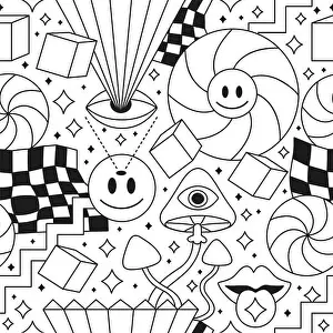 Hippie Prints: Trippy psychedelic geometry coloring page seamless pattern