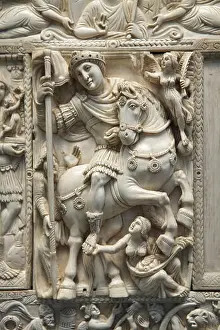 Horseman Prints: Triumphant Byzantine emperor depicted in the central panel of the Barberini ivory on display in the Louvre Museum
