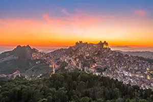 Troina, Sicily, Italy hilltop townscape at dusk