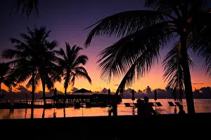 Tropical beach background with palm trees silhouette at sunset. Vintage effect