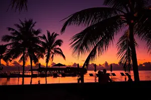 Tropical beach background with palm trees silhouette at sunset. Vintage effect