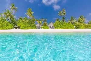 Tropical beach background as summer landscape with beach swing or hammock and white sand and calm sea for beach banner. Perfect beach scene vacation