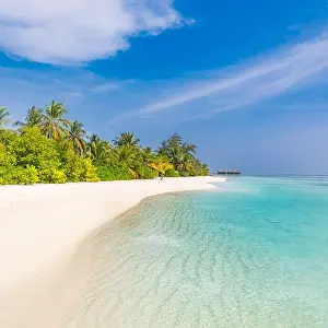 Tropical beach background as summer landscape with beach swing or hammock and white sand and calm sea for beach banner. Perfect beach scene vacation