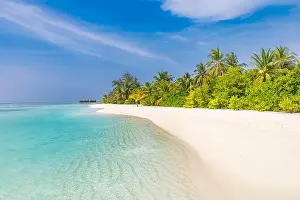 Tropical beach background as summer landscape with beach swing or hammock and white sand and calm sea for beach banner. Perfect beach scene vacation