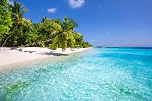 Tropical beach background as summer landscape with beach swing or hammock and white sand and calm sea for beach banner. Perfect beach scene vacation