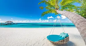 Tropical beach background as summer landscape with beach swing hammock white sand and calm sea for beach banner. Perfect beach scene vacation holiday
