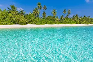 Tropical beach background as summer landscape with beach swing or hammock and white sand and calm sea for beach banner. Perfect beach scene vacation