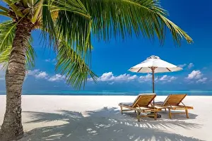 Tropical beach background as summer landscape with lounge chairs and palm trees and calm sea for beach banner. Summer travel destination