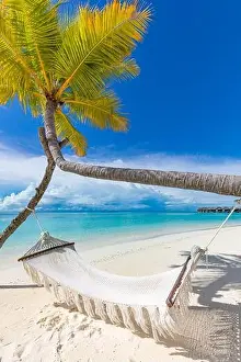 Vacation Destinations Prints: Tropical beach background as summer relax landscape with beach swing or hammock and white sand