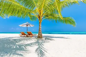Tropical beach nature as summer landscape with lounge chairs and palm trees and calm sea for beach banner. Luxurious amazing travel landscape scenic