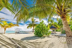 Tropical beach paradise as summer landscape with beach swing or hammock and white sand, calm sea for serene beach. Luxury beach scene vacation summer