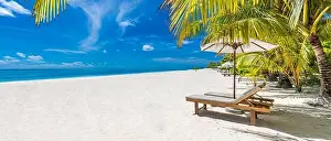 Tropical beach resort, luxury white sandy beach landscape, summer tourism destination, vacation