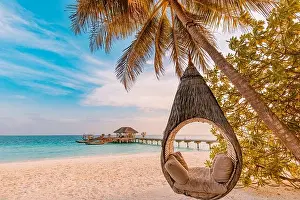 Tropical beach sunset as summer landscape with luxury resort beach palm swing hammock, sand seaside shore for sunset beach landscape. Tranquil beach