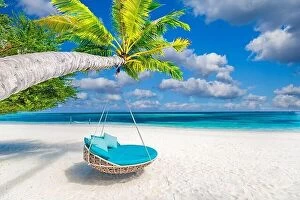 Images Dated 7th May 2018: Tropical island beach, luxury summer landscape beach swing or hammock on palm tree with white sand