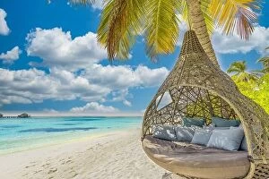 Images Dated 13th August 2022: Tropical island beach as summer landscape with beach swing or hammock. Happy idyllic blue sky