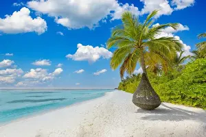 Tropical island beach as summer landscape with beach swing or hammock. Happy idyllic blue sky, sand palm tree leaves calm sea beach. Couple romance
