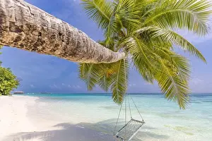 Tropical island beach as summer landscape with beach swing or hammock. Happy idyllic blue sky sand palm tree leaves and calm sea beach. Couple romance