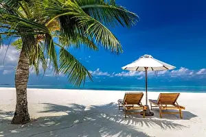 Tropical paradise beach with white sand and coco palms travel tourism wide panorama background. Luxury vacation and holiday banner, tropical beach