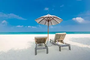 Tropical paradise beach with white sand and coco palms travel tourism wide panorama background. Luxury vacation and holiday banner tropical beach rest