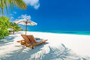 Tropical paradise beach with white sand and coco palms travel tourism wide panorama background. Luxury vacation and holiday banner tropical beach rest